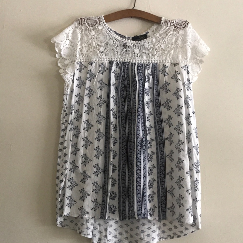 Navy and white lace and loose blouse